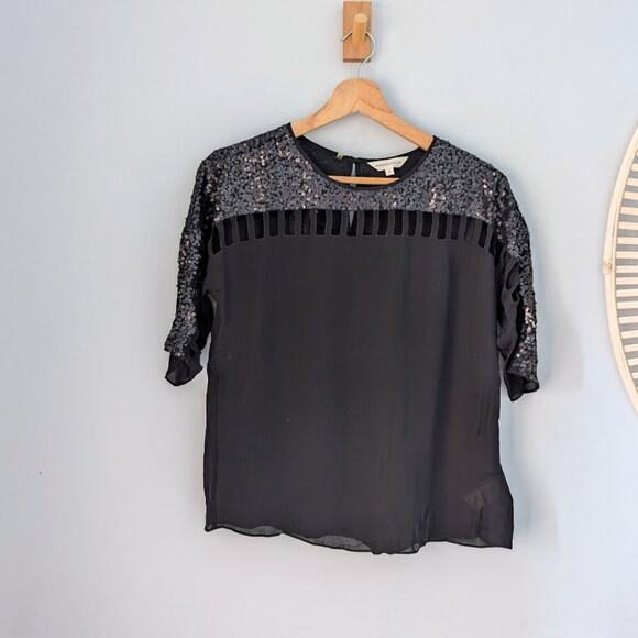REBECCA TAYLOR Black Silk Sequin Cut Out Top 3/4 Sleeve Blouse, Lattice, sz 0 - Picture 1 of 6